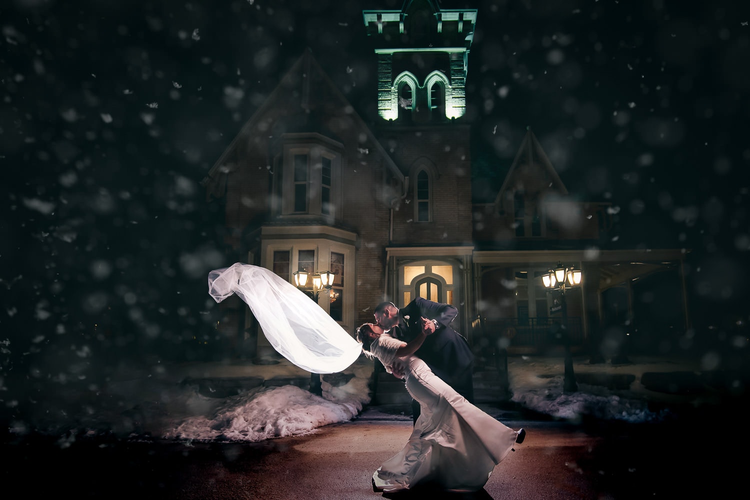Nightime photo at Elmhurst Inn wedding in winter time
