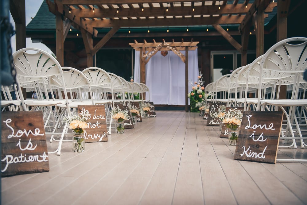wedding ceremony location on deck of pine valley chalet