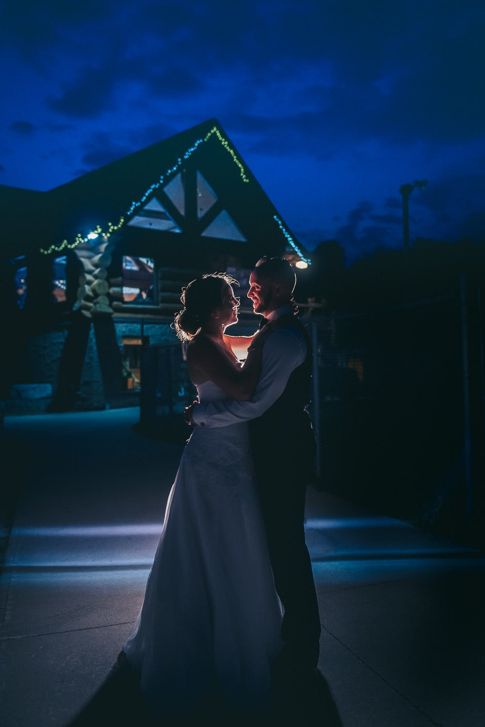Night time wedding photo at Pine Valley Chalet