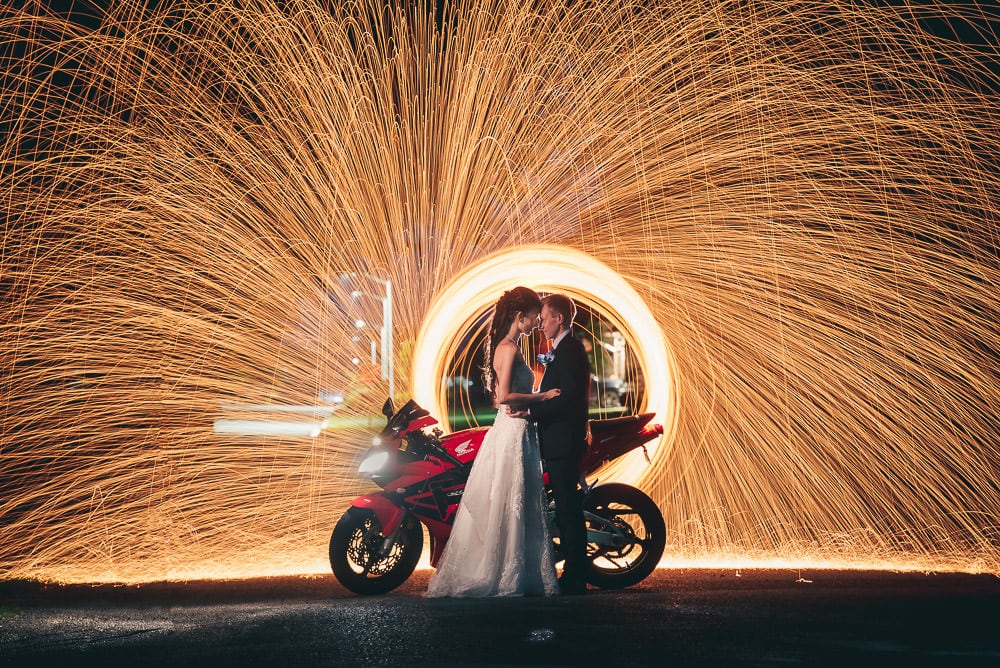 Steel wool wedding photo with motorbike