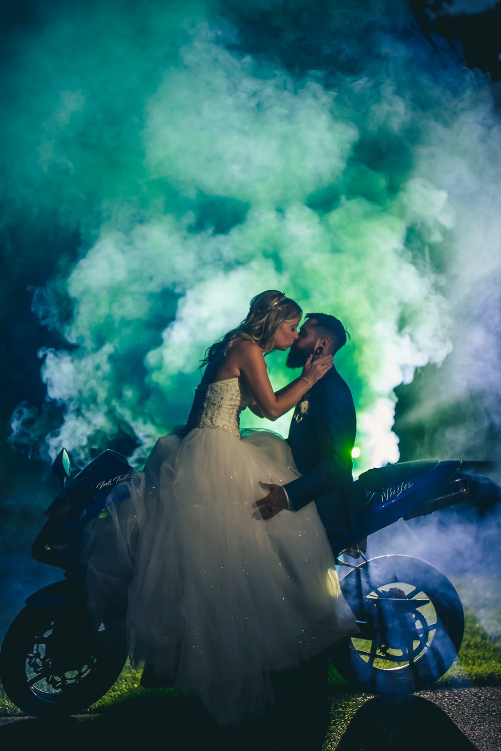 smoke grenade wedding photo with motorcycle at craigowan golf club