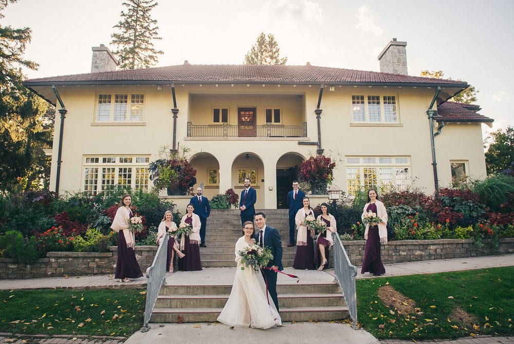 Wedding party photo in front of elsie Perrin williams estate in London Ontario