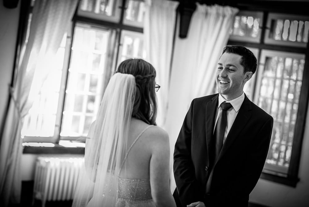first look of bride and groom at elsie Perrin wedding