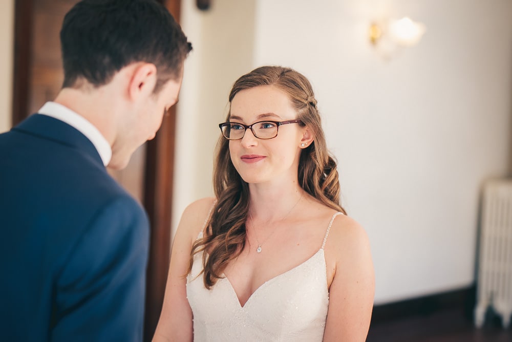 first look of bride and groom at elsie Perrin wedding